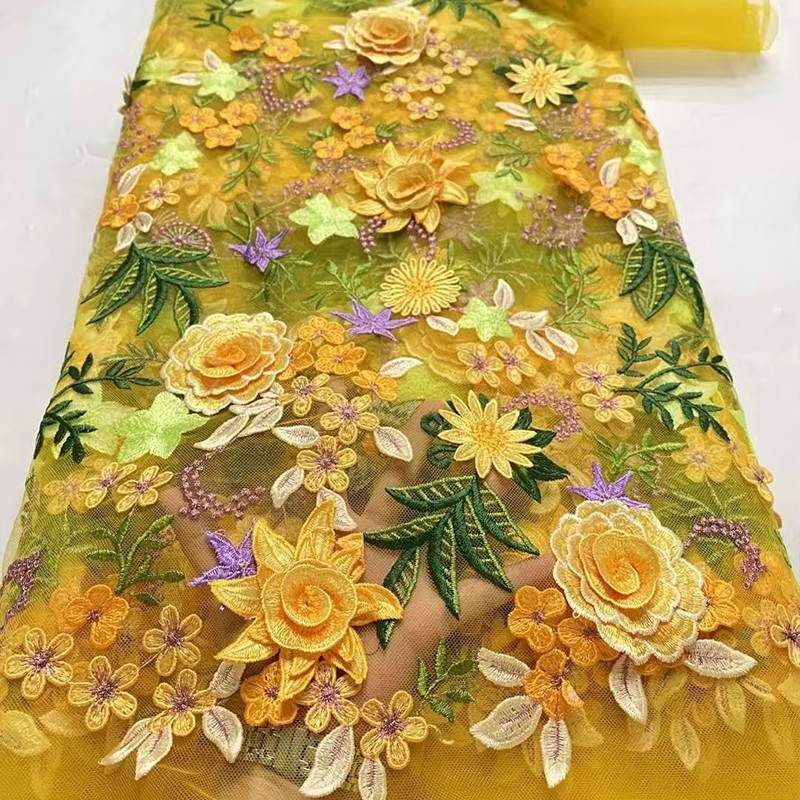 Wedding Floral Supply - قماش دانتيل شبكي مطرز بالزهور ثلاثي
