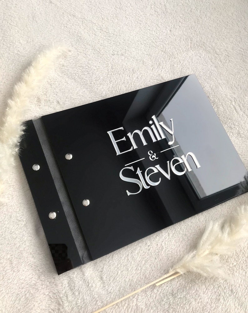 Personalized Guest Book - سجل ضيوف الزفاف الأكريليكي الأسود، سجل